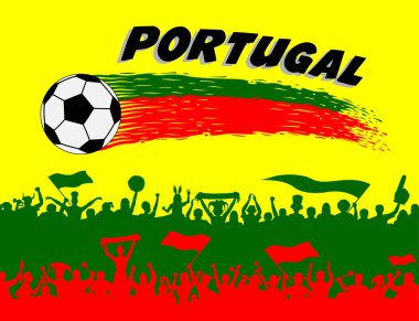 Futbol topu ve Portekizce destekçileri siluetleri ile Portekiz bayrağı renkler. Tüm nesneleri, fırça darbeleri ve siluetleri farklı katmanlarda ve metin türlerinin herhangi bir yazı tipi yeterli değil. 