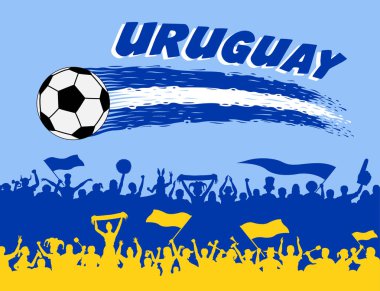 Futbol topu ve Uruguaylı destekçileri siluetleri ile Uruguay bayrağı renkler. Tüm nesneleri, fırça darbeleri ve siluetleri farklı katmanlarda ve metin türlerinin herhangi bir yazı tipi yeterli değil. 