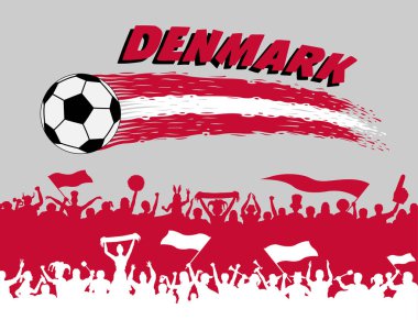 Danimarka bayrağı renklerle futbol topu ve Danimarka destekçileri siluetleri. Tüm nesneleri, fırça darbeleri ve siluetleri farklı katmanlarda ve metin türlerinin herhangi bir yazı tipi yeterli değil. 