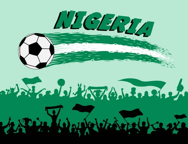 尼日利亚国旗颜色与足球和尼日利亚支持者剪影 所有对象 画笔描边和剪影都在不同的图层中 文本类型不需要任何字体 — 图库矢量图片