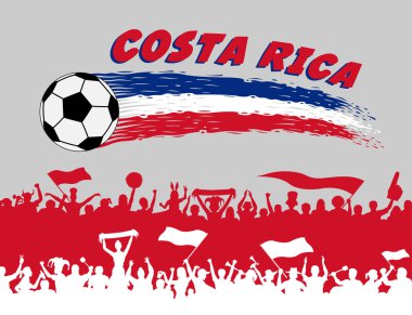 Kosta Rika bayrak renkleri futbol topu ve Kosta Rika destekçileri siluetleri ile. Tüm nesneleri, fırça darbeleri ve siluetleri farklı katmanlarda ve metin türlerinin herhangi bir yazı tipi yeterli değil. 