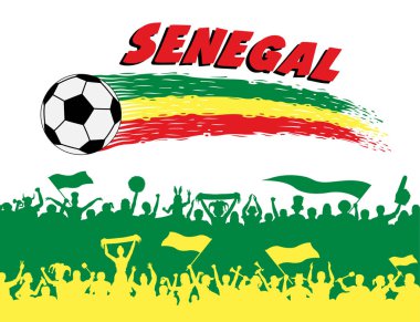 Senegal bayrak renkleri futbol topu ve Senegalli destekçileri siluetleri ile. Tüm nesneleri, fırça darbeleri ve siluetleri farklı katmanlarda ve metin türlerinin herhangi bir yazı tipi yeterli değil. 
