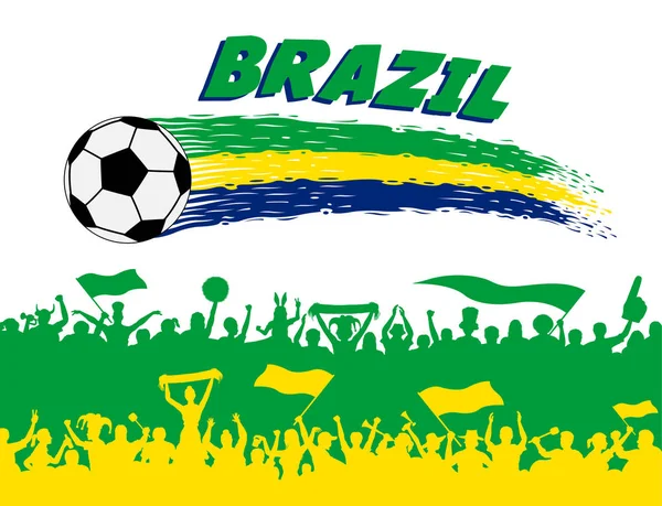 Bandera Brasil Colores Con Pelota Fútbol Siluetas Aficionados Brasileños Todos — Vector de stock