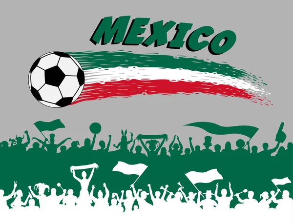 墨西哥国旗颜色与足球和墨西哥支持者剪影 所有对象 画笔描边和剪影都在不同的图层中 文本类型不需要任何字体 — 图库矢量图片