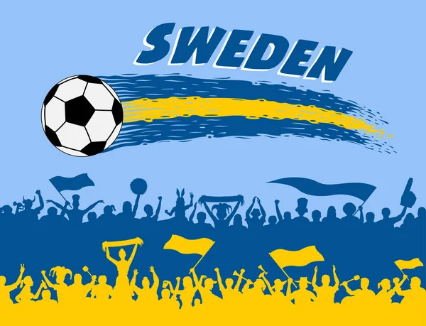 瑞典国旗颜色与足球和瑞典支持者剪影 所有对象 画笔描边和剪影都在不同的图层中 文本类型不需要任何字体 — 图库矢量图片