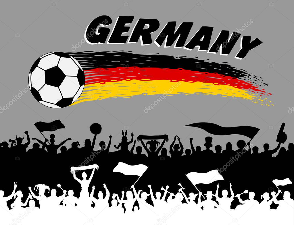 Germany flag colors with soccer ball and German supporters silhouettes. All the objects, brush strokes and silhouettes are in different layers and the text types do not need any font. 
