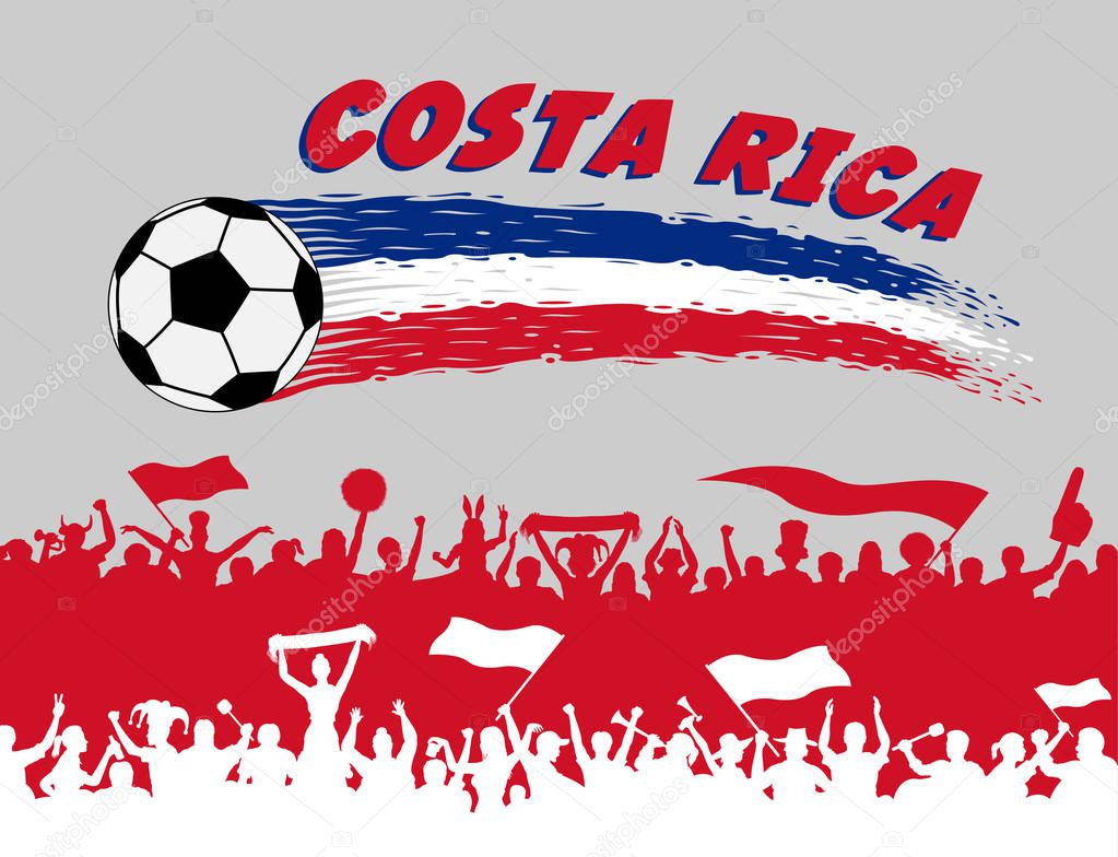 Costa Rica flag colors with soccer ball and Costa Rican supporters silhouettes. All the objects, brush strokes and silhouettes are in different layers and the text types do not need any font. 