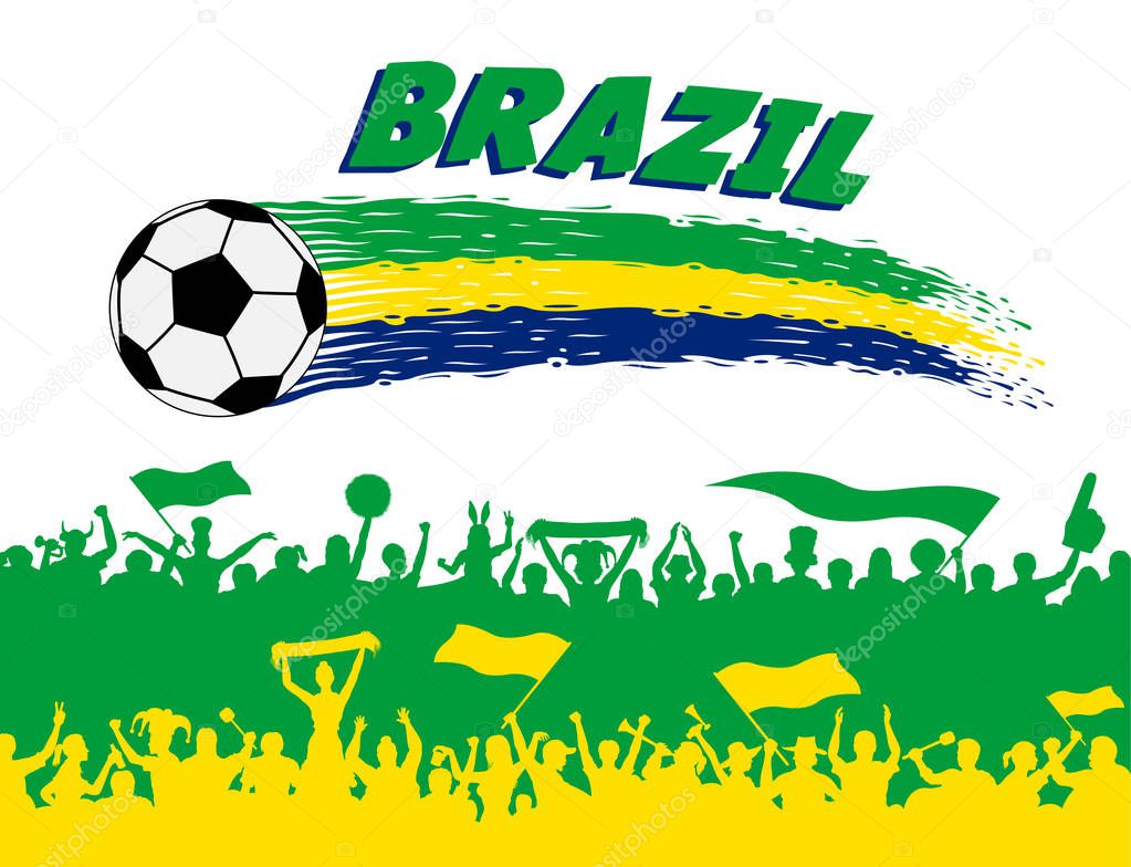 Brazil flag colors with soccer ball and Brazilian supporters silhouettes. All the objects, brush strokes and silhouettes are in different layers and the text types do not need any font. 