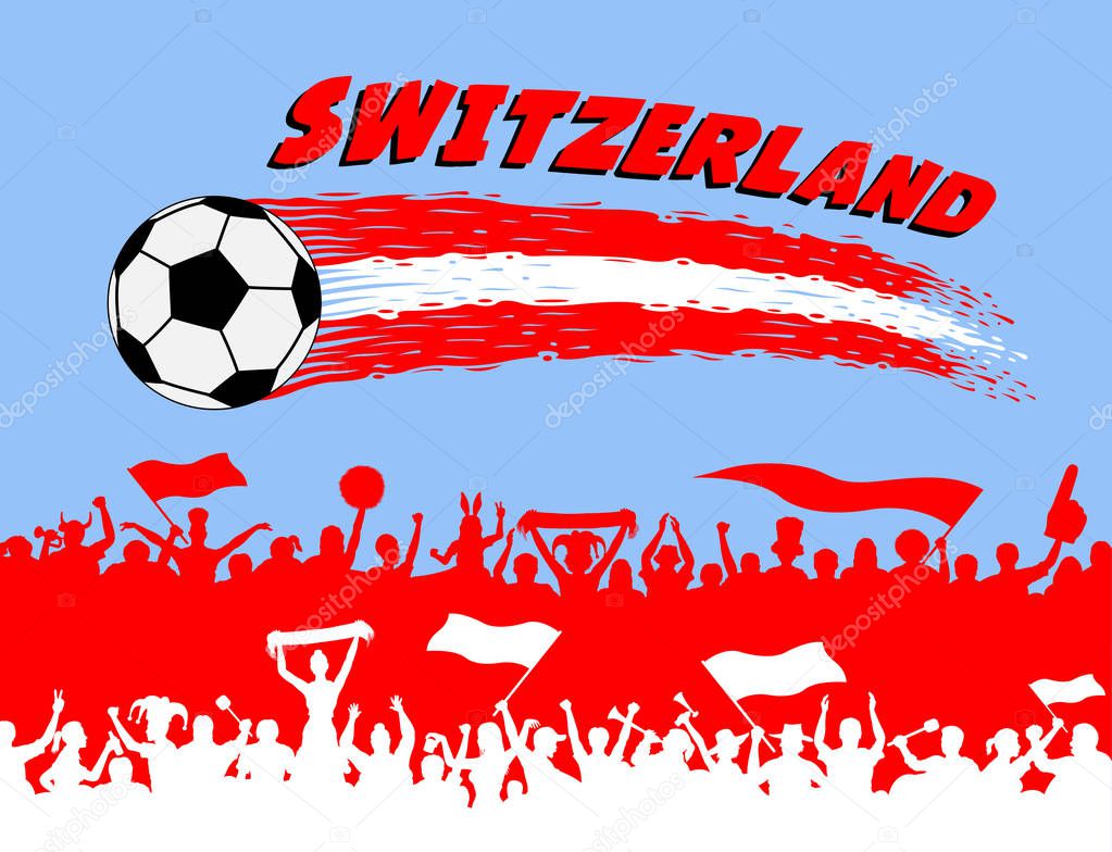 Switzerland flag colors with soccer ball and Swiss supporters silhouettes. All the objects, brush strokes and silhouettes are in different layers and the text types do not need any font. 
