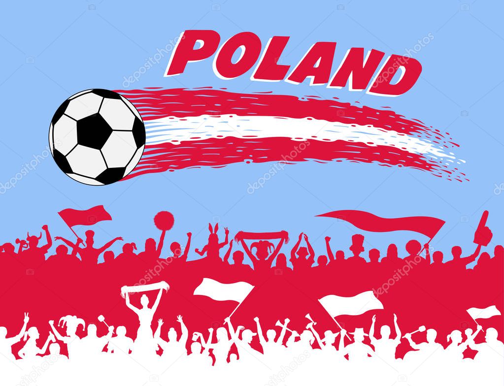 Poland flag colors with soccer ball and Polish supporters silhouettes. All the objects, brush strokes and silhouettes are in different layers and the text types do not need any font. 