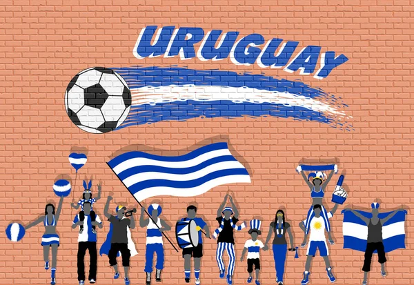 Уругвайские Футбольные Болельщики Аплодируют Цветами Флага Уругвая Перед Граффити Футбольного — стоковый вектор