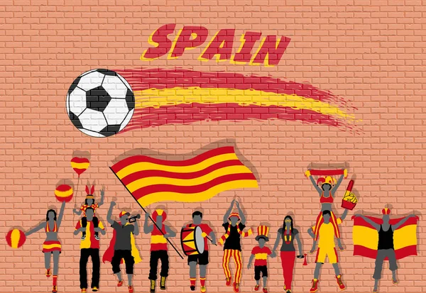 Spanish Football Fans Cheering Spain Flag Colors Front Soccer Ball — Stock Vector