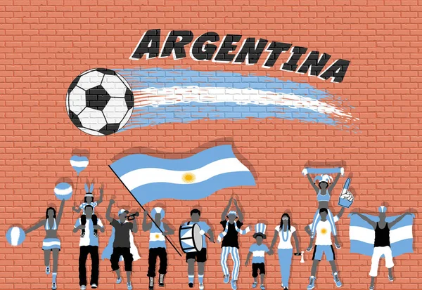 Argentinian Football Fans Cheering Argentina Flag Colors Front Soccer Ball — Stock Vector