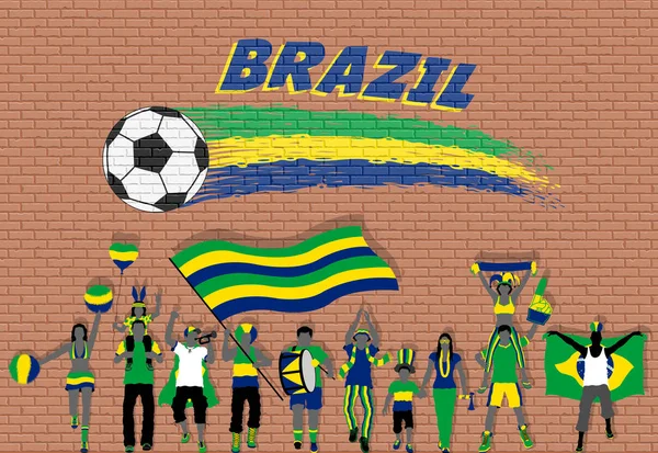 Бразильские Футбольные Болельщики Аплодируют Бразильским Цветом Флага Перед Граффити Футбольного — стоковый вектор
