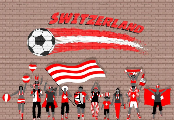 Zwitserse Voetbalfans Juichen Met Zwitserland Vlag Kleuren Voorgrond Van Voetbal — Stockvector
