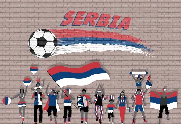 Aficionados Fútbol Serbio Vitoreando Con Colores Bandera Serbia Frente Graffiti — Vector de stock