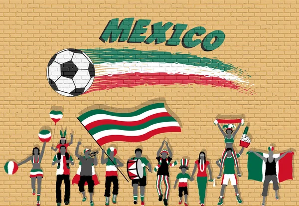 Aficionados Fútbol Mexicano Vitoreando Con Colores Bandera México Frente Graffiti — Archivo Imágenes Vectoriales