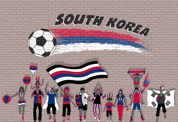 Korejské Fotbalové Fanoušky Jásající Jižní Koreou Vlajka Barvy Vpředu Fotbalový — Stockový vektor