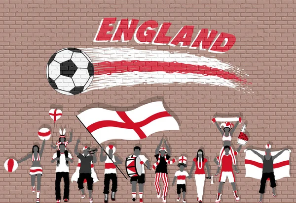 Engelse Voetbalfans Juichen Met Engeland Vlag Kleuren Voorgrond Van Voetbal — Stockvector