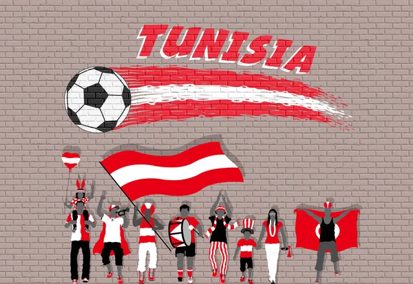 Tunesische Voetbalfans Juichen Met Tunesië Vlag Kleuren Voorgrond Van Voetbal — Stockvector