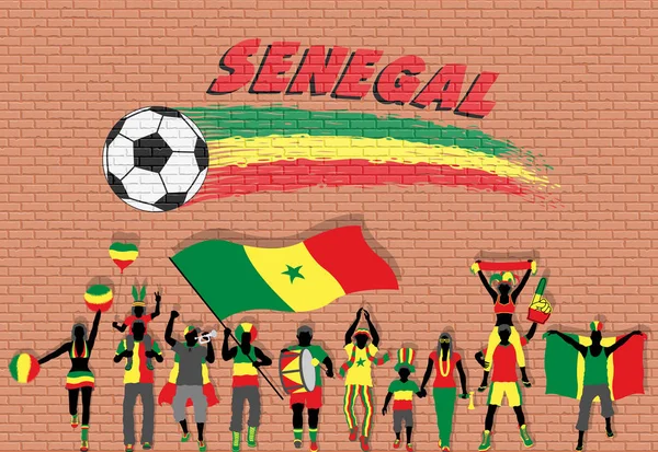 Aficionados Fútbol Senegalés Vitoreando Con Colores Bandera Senegalesa Frente Graffiti — Vector de stock