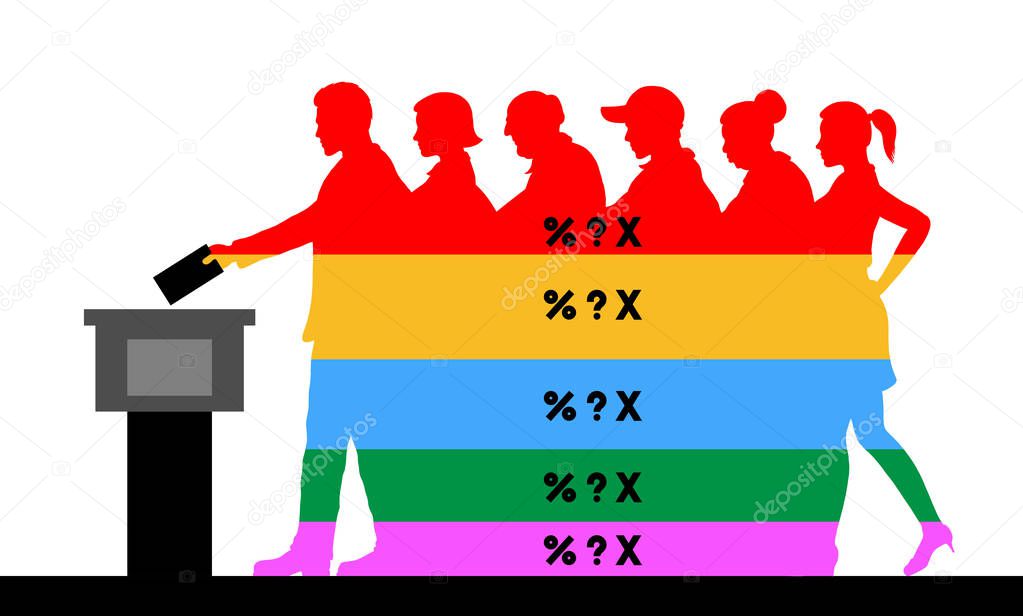 voters crowd silhouette with election results of political parties percentages. All the silhouette objects, texts and background are in different layers and the text types do not need any font. 