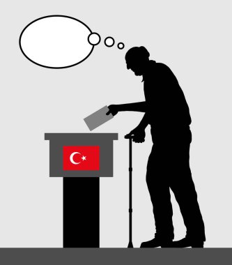 Türk seçmen düşünce balonu ile Türkiye'de seçim için oylama ihtiyar. Siluet nesneleri ve arka planlar farklı katmanlarda vardır. 
