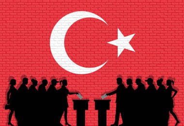 Türk seçmenler Türkiye bayrak graffiti tuğla duvar önünde ile seçim siluet kalabalık. Tüm siluet nesneleri, simgeler ve arka plan farklı katmanlarda vardır. 