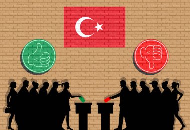 Türk seçmenlerin başparmak simgeler ve Türkiye bayrak grafiti ile seçim siluet kalabalık. Tüm siluet nesneleri, simgeler ve arka plan farklı katmanlarda vardır. 
