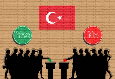 Türk seçmenlerin Evet ve hiçbir işaretleri grafiti ile Türkiye'de seçim siluet kalabalık. Tüm siluet nesneleri, simgeler ve arka plan farklı katmanlarda vardır. 
