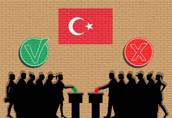 Türk seçmenlerin onay işaretleri ve Türkiye bayrak grafiti ile seçim siluet kalabalık. Tüm siluet nesneleri, simgeler ve arka plan farklı katmanlarda vardır. 