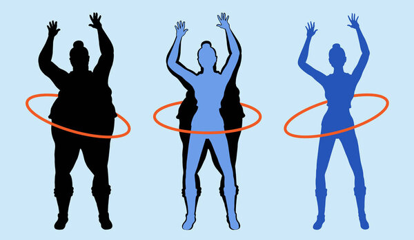 Fat woman exercising with hula hoop and losing weight. All the objects are in different layers.