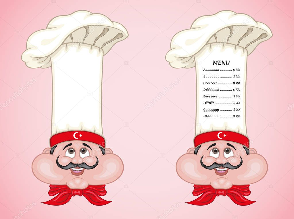Turkish chef and menu on hat with food of Turkey. All the objects are in different layers and the menu text types do not need any font. 