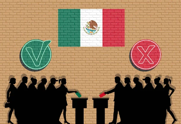 メキシコの有権者は チェック マークとメキシコ国旗落書きと選挙でシルエットを群衆します すべてのシルエットのオブジェクト アイコンと背景は 別のレイヤー — ストックベクタ