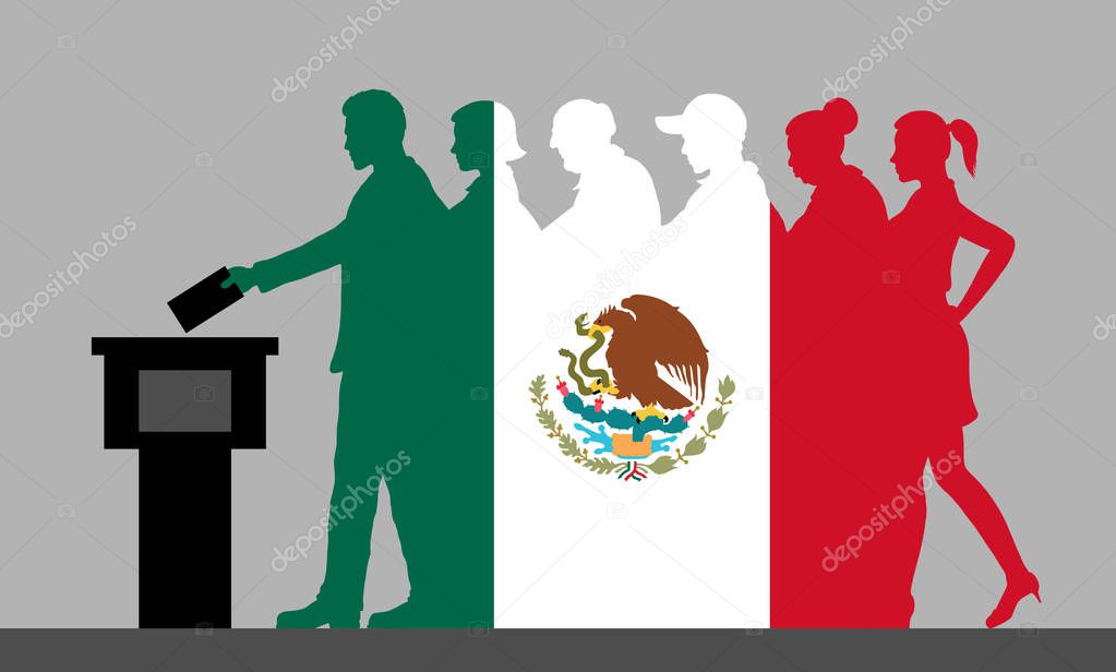 Mexican voters crowd silhouette like Mexico flag by voting for election. All the silhouette objects, and background are in different layers. 