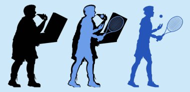 Tenis ile egzersiz ve kilo şişman adam. Farklı katmanlarda tüm nesnelerdir.