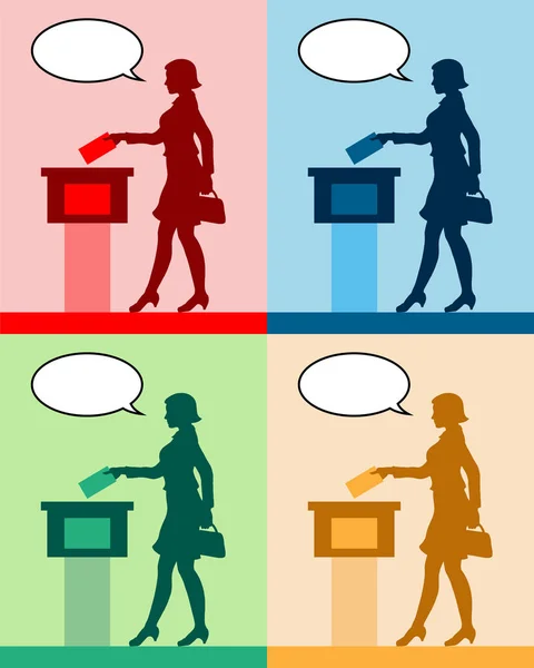 Siluetas Votante Femenino Con Burbuja Discurso Diferentes Colores Votando Por — Vector de stock