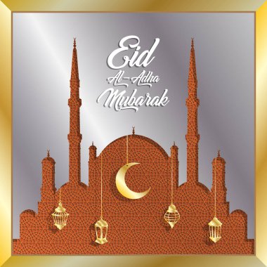 Eid al Kurban Bayramı mübarek gümüş Camii ve altın fener için Müslüman tatil tebrik. Farklı katmanlarda kapatın ve metin türlerinin herhangi bir yazı tipi yeterli değil. 