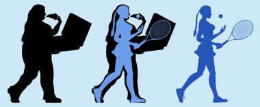 Şişman kadın tenis oynuyor ve ağırlık kaybetme, tüm nesneleri farklı katmanlarda vardır.