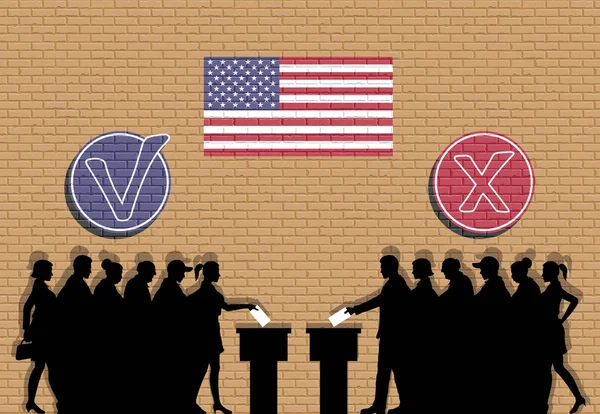 Amerikaanse Kiezers Menigte Silhouet Verkiezing Met Vinkjes Usa Vlag Graffiti — Stockvector