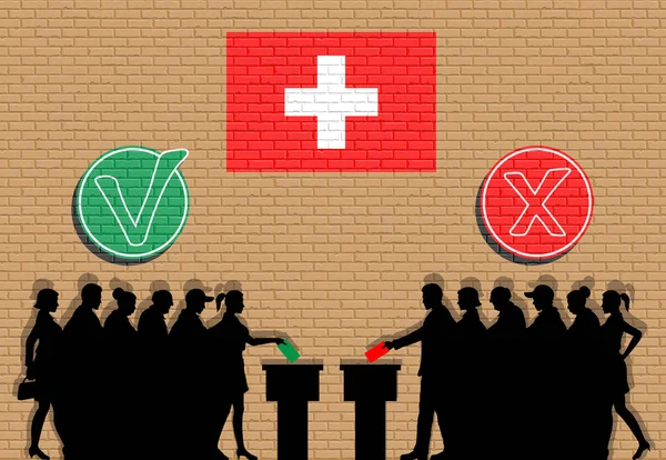 Zwitserse Kiezers Menigte Silhouet Verkiezing Met Vinkjes Zwitserland Vlag Graffiti — Stockvector