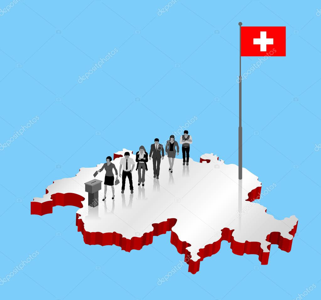 Swiss citizens voting for Switzerland referendum over an 3D map with Flagpole. All the objects, shadows and background are in different layers. 