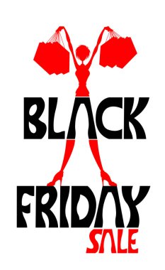 Siyah Cuma satış metin ve alışveriş alışveriş torbaları kadınla vektör siluet. Farklı katmanlarda kapatın ve metin türlerinin herhangi bir yazı tipi yeterli değil. 