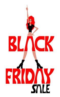 Cuma satış metin neşeli kadın düz çizgi film işaret parmağı ile siyah. Farklı katmanlarda kapatın ve metin türlerinin herhangi bir yazı tipi yeterli değil. 