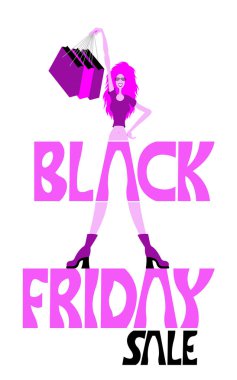 Siyah Cuma satış metin kız ve kağıt torbalar düz çizgi film Shopping. Farklı katmanlarda kapatın ve metin türlerinin herhangi bir yazı tipi yeterli değil.