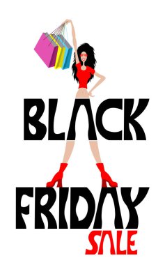 Siyah Cuma satış logosu ile mutlu kadın ve alışveriş torbaları düz çizgi film. Farklı katmanlarda kapatın ve metin türlerinin herhangi bir yazı tipi yeterli değil. 