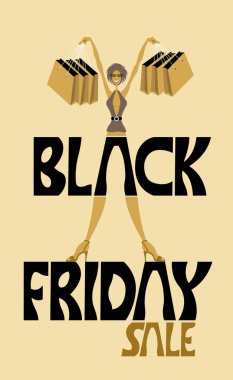 Siyah Cuma satış logo ve mutlu kadın müşteri alışveriş torbaları ile Kaldır ellerini. Farklı katmanlarda kapatın ve metin türlerinin herhangi bir yazı tipi yeterli değil. 