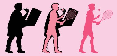 Yağlı ve ince bir adam siluet pizza yemek ve tenis oynamaya. Farklı katmanlarda tüm nesnelerdir.