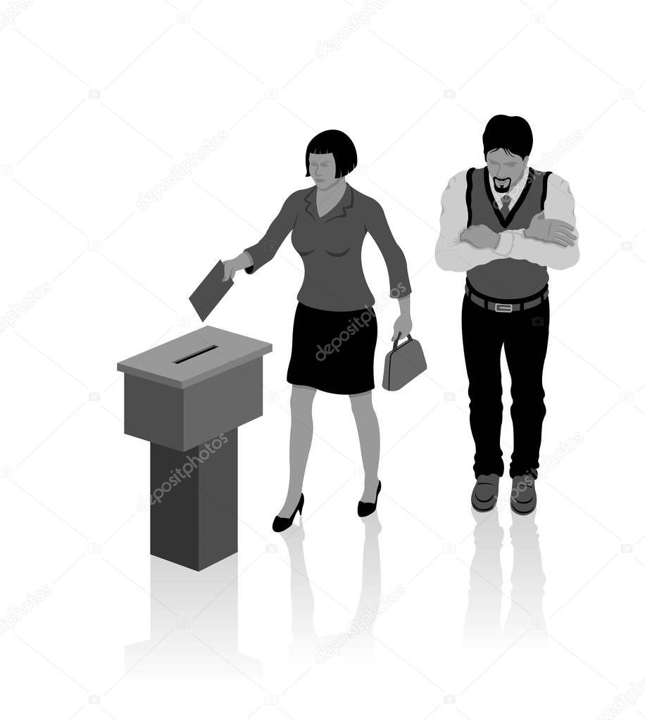 Secular voters are voting for election with ballot box. All the objects, shadows and background are in different layers. 