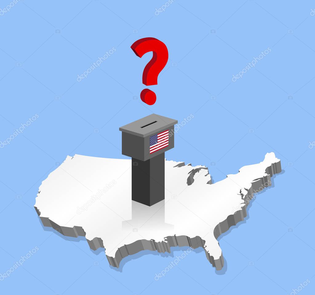 United States election results with question mark and voting ballot over 3D map. All the objects are in different layers and the text types do not need any font. 